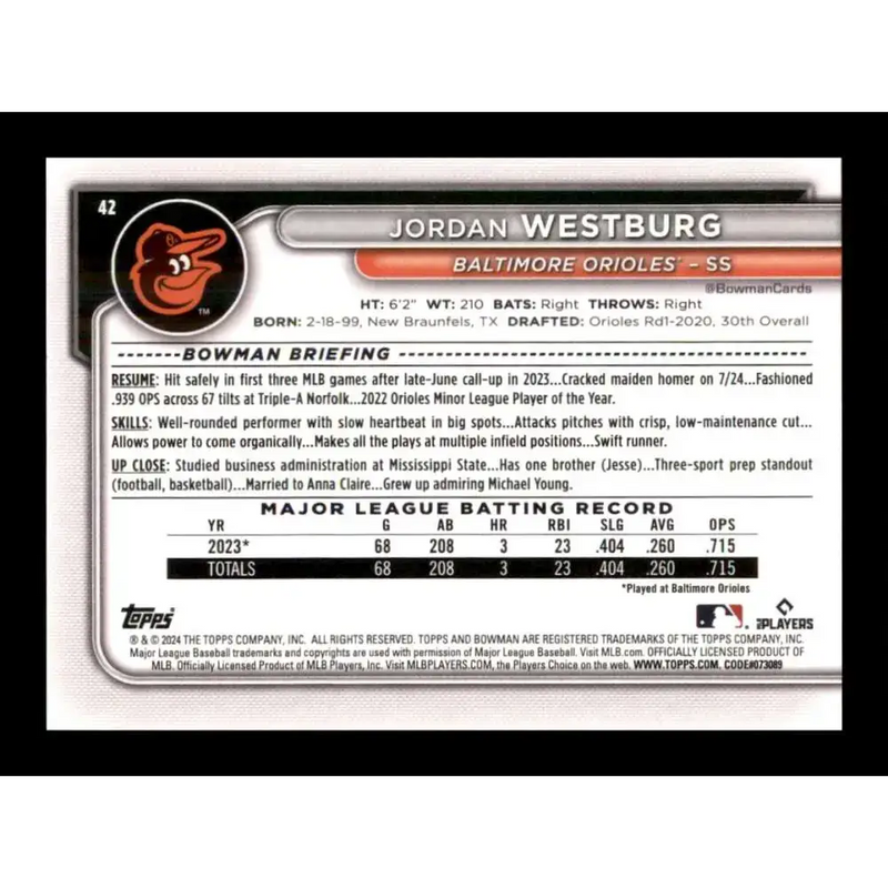 2024 Bowman #42 Jordan Westburg NM-MT RC Rookie Baltimore Orioles Baseball Card - Baseball Card Single