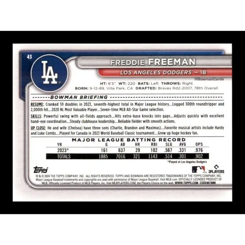 2024 Bowman #43 Freddie Freeman NM-MT Los Angeles Dodgers Baseball Card - Baseball Card Single