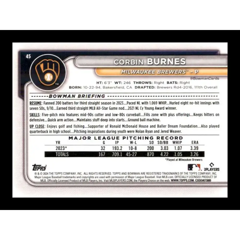 2024 Bowman #45 Corbin Burnes NM-MT Milwaukee Brewers Baseball Card - Baseball Card Single