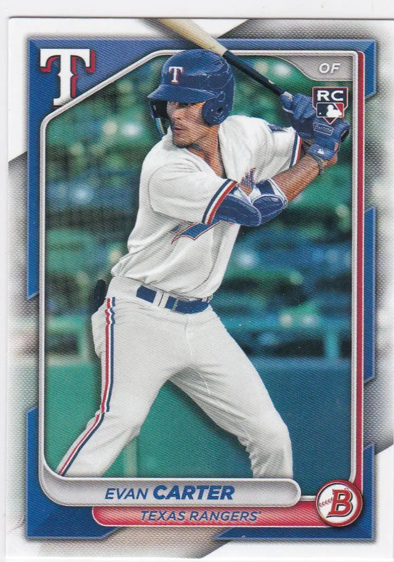 Baseball card of Evan Carter RC Texas Rangers from 2024 Bowman series