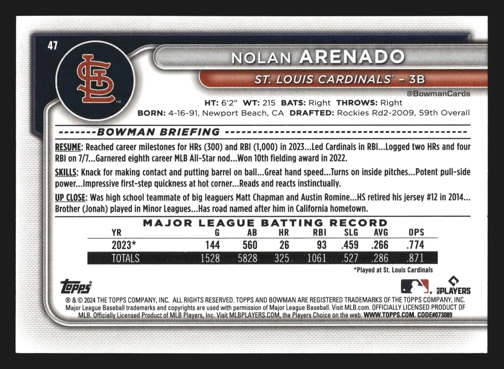 2024 Bowman #47 Nolan Arenado St. Louis Cardinals - Baseball Card Single