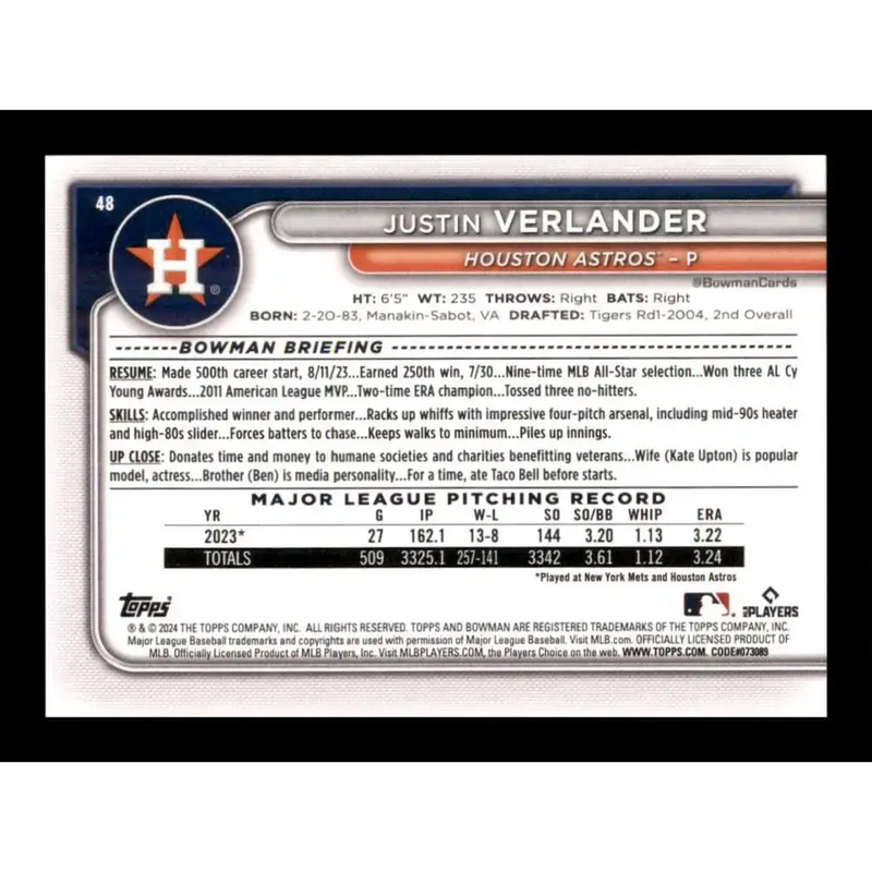 2024 Bowman #48 Justin Verlander NM-MT Houston Astros Baseball Card - Baseball Card Single