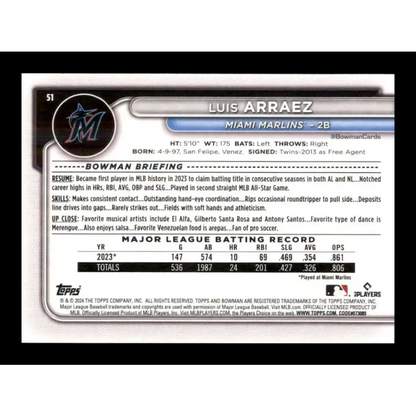 2024 Bowman #51 Luis Arraez NM-MT Miami Marlins Baseball Card - Baseball Card
