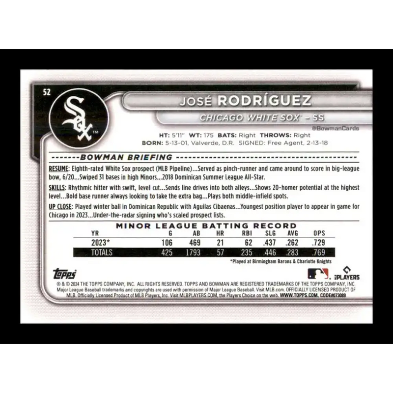 2024 Bowman #52 Jose Rodriguez NM-MT RC Rookie Chicago White Sox Baseball Card - Baseball Card Single