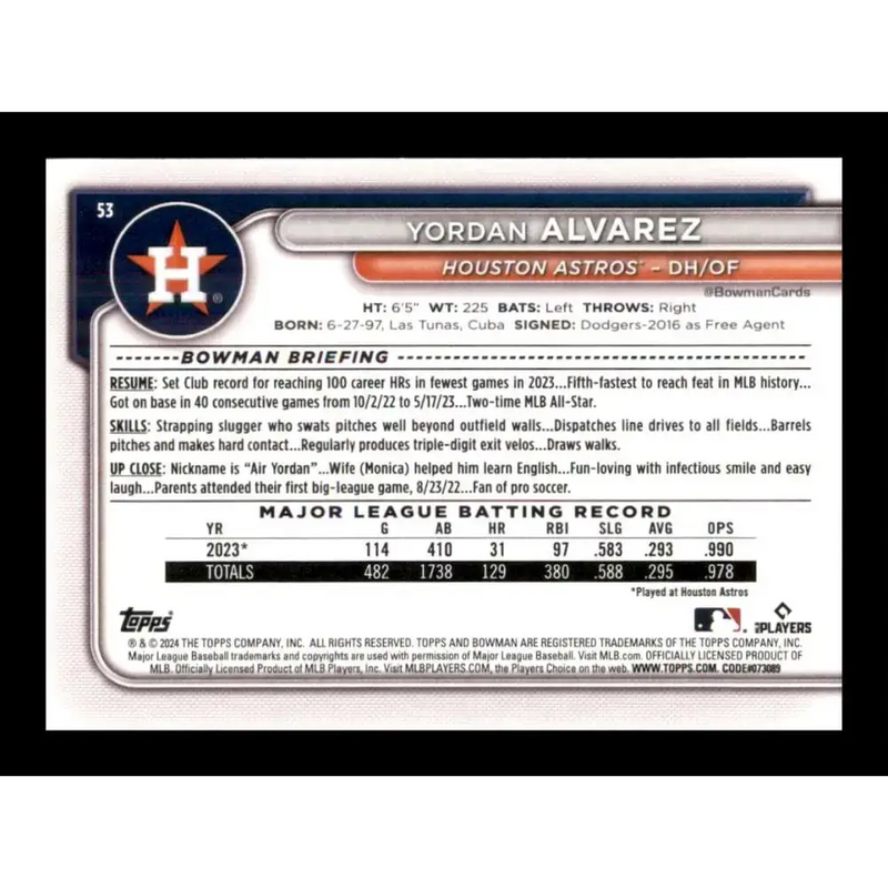 2024 Bowman #53 Yordan Alvarez NM-MT Houston Astros Baseball Card - Baseball Card Single