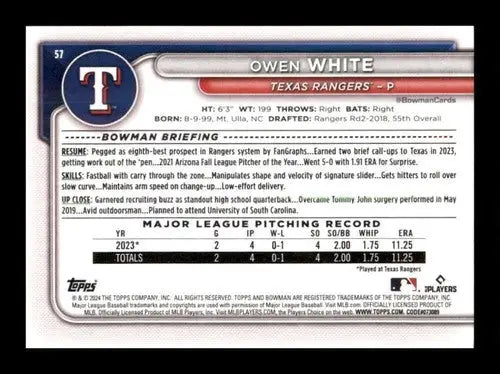 Owen White rookie Rangers baseball card with original gloss from 2024 Bowman #57