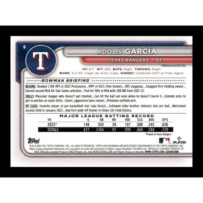 2024 Bowman #6 Adolis Garcia NM-MT Texas Rangers Baseball Card - Baseball Card