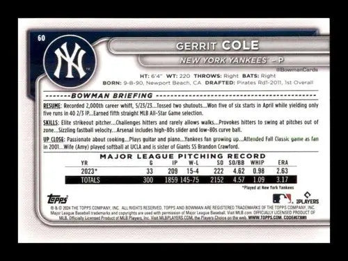 Gerrit Cole baseball card with original gloss from 2024 Bowman #60 Yankees