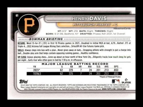 2024 Bowman #61 Henry Davis NM-MT RC Rookie Pirates ID:70691 - Baseball Card Single