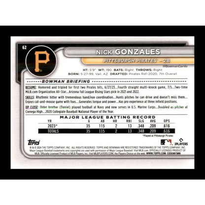 2024 Bowman #62 Nick Gonzales NM-MT RC Rookie Pittsburgh Pirates Baseball Card - Baseball Card