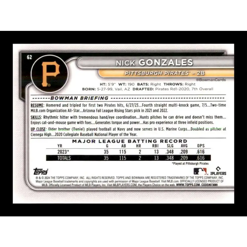 2024 Bowman #62 Nick Gonzales NM-MT RC Rookie Pittsburgh Pirates Baseball Card - Baseball Card Single