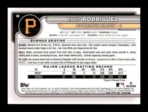 Baseball card back featuring Endy Rodriguez rookie Pirates with original gloss for 2024 Bowman