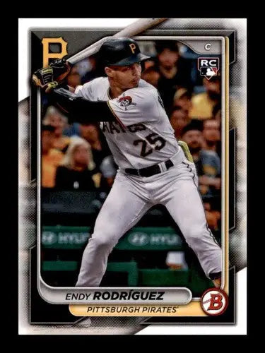 Original gloss baseball card of Endy Rodriguez rookie Pirates from 2024 Bowman set