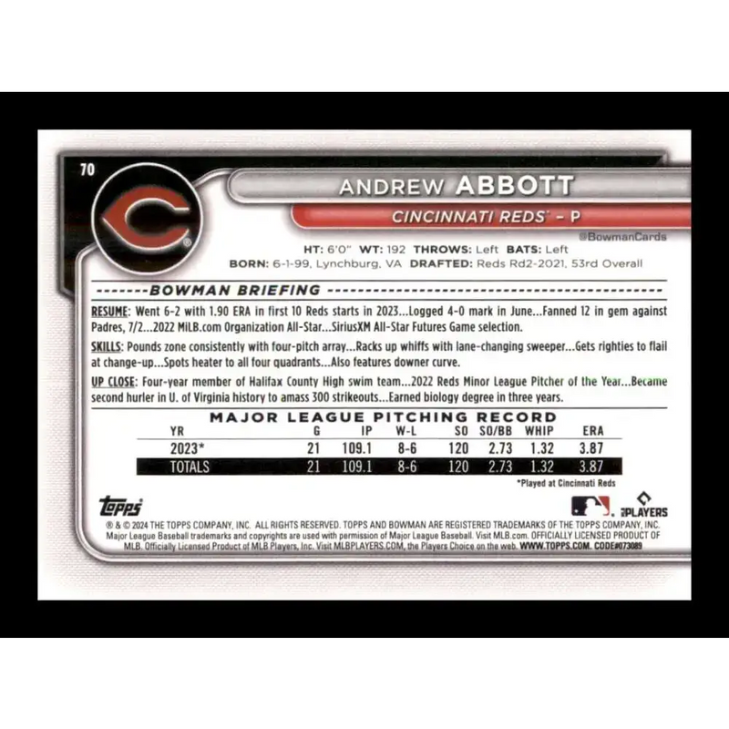 2024 Bowman #70 Andrew Abbott NM-MT RC Rookie Cincinnati Reds Baseball Card - Baseball Card Single