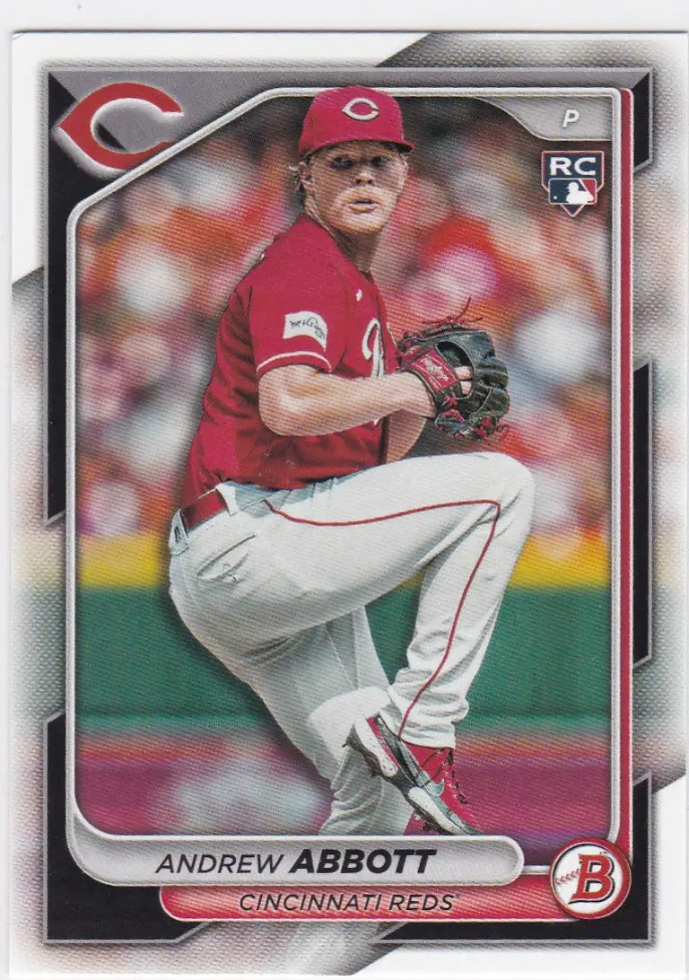 Andrew Abbott baseball card from 2024 Bowman #70 Abbott RC Cincinnati Reds featuring Cincinnati Reds pitcher