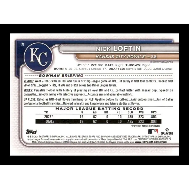 2024 Bowman #71 Nick Loftin NM-MT RC Rookie Kansas City Royals Baseball Card - Baseball Card Single
