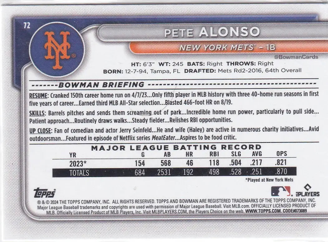 2024 BOWMAN #72 PETE ALONZO- NEW YORK METS - Baseball Card Single