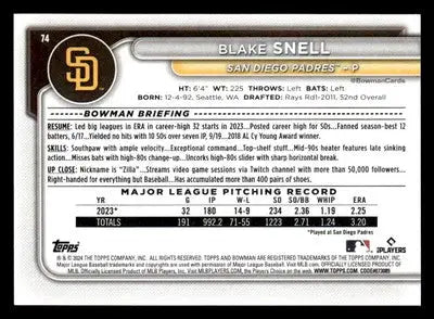 2024 Bowman #74 Blake Snell - Baseball Card Single