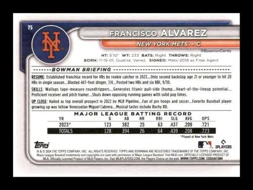 Baseball card back featuring original gloss of Francisco Alvarez NM-MT for 2024 Bowman