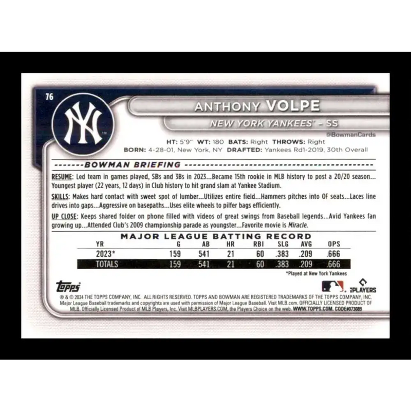 2024 Bowman #76 Anthony Volpe NM-MT New York Yankees Baseball Card - Baseball Card Single