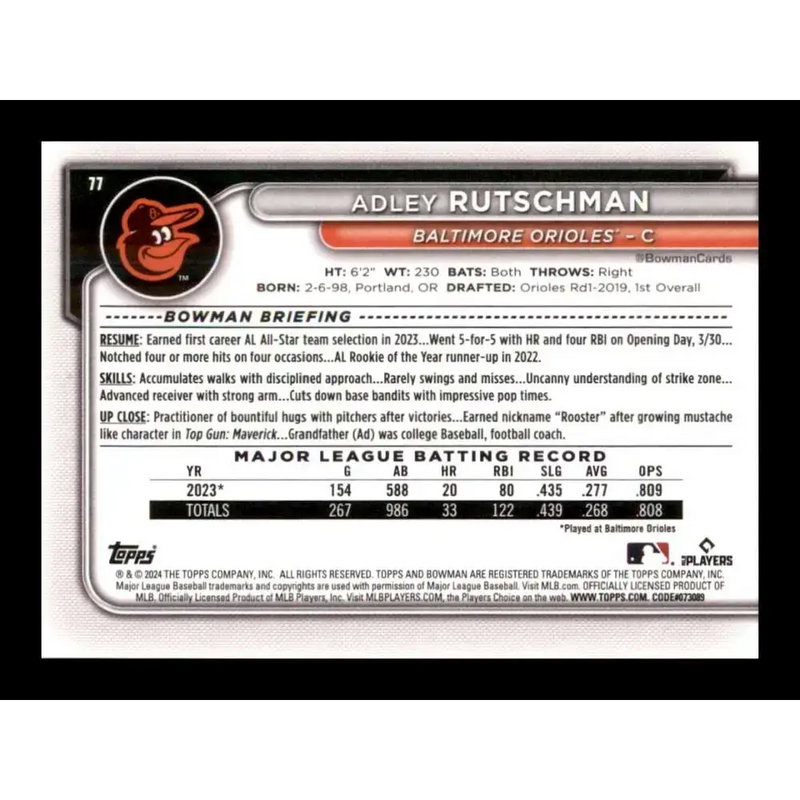 2024 Bowman #77 Adley Rutschman NM-MT Baltimore Orioles Baseball Card - Baseball Card Single