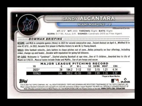 Sandy Alcantara baseball card with original gloss in NM-MT condition from 2024 Bowman