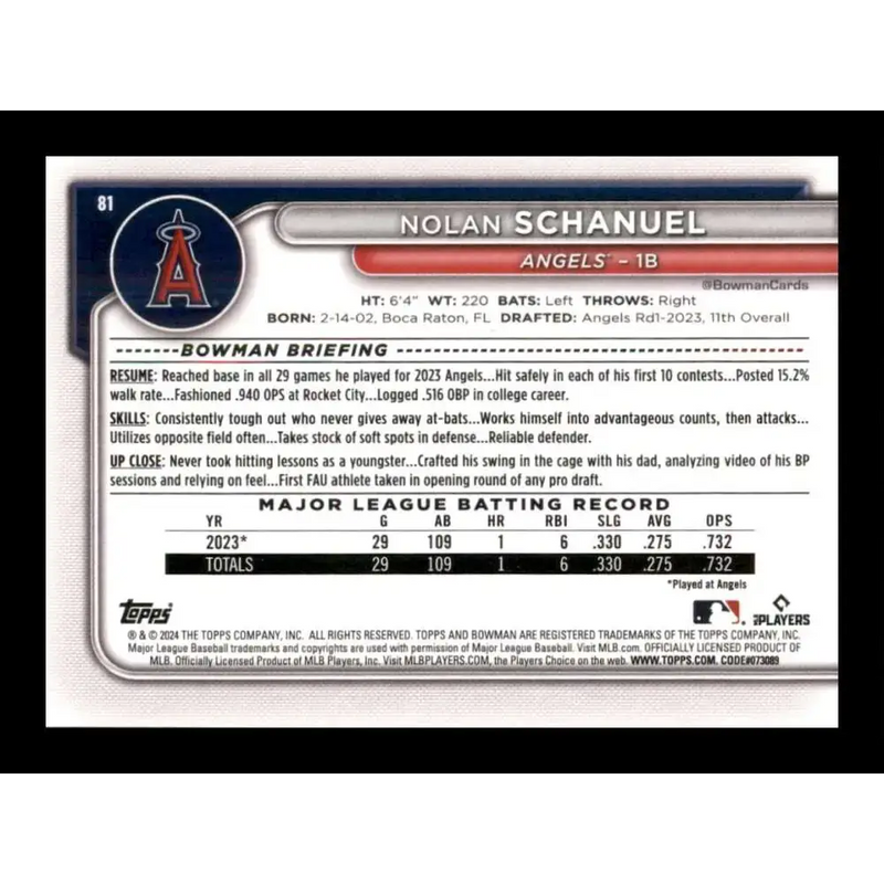 2024 Bowman #81 Nolan Schanuel NM-MT RC Rookie Los Angeles Angels Baseball Card - Baseball Card Single