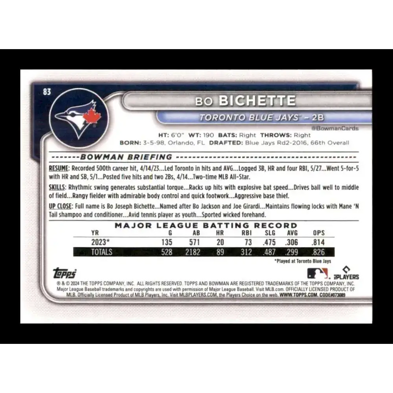 2024 Bowman #83 Bo Bichette NM-MT Toronto Blue Jays Baseball Card - Baseball Card Single