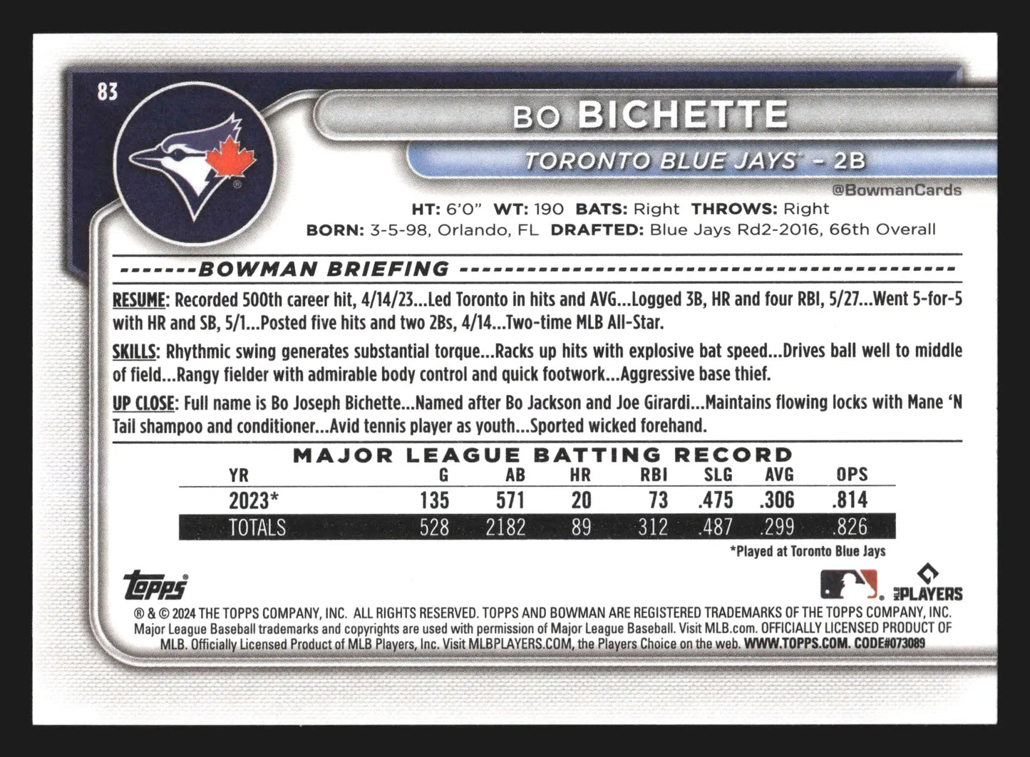 2024 Bowman #83 Bo Bichette Toronto Blue Jays - Baseball Card Single