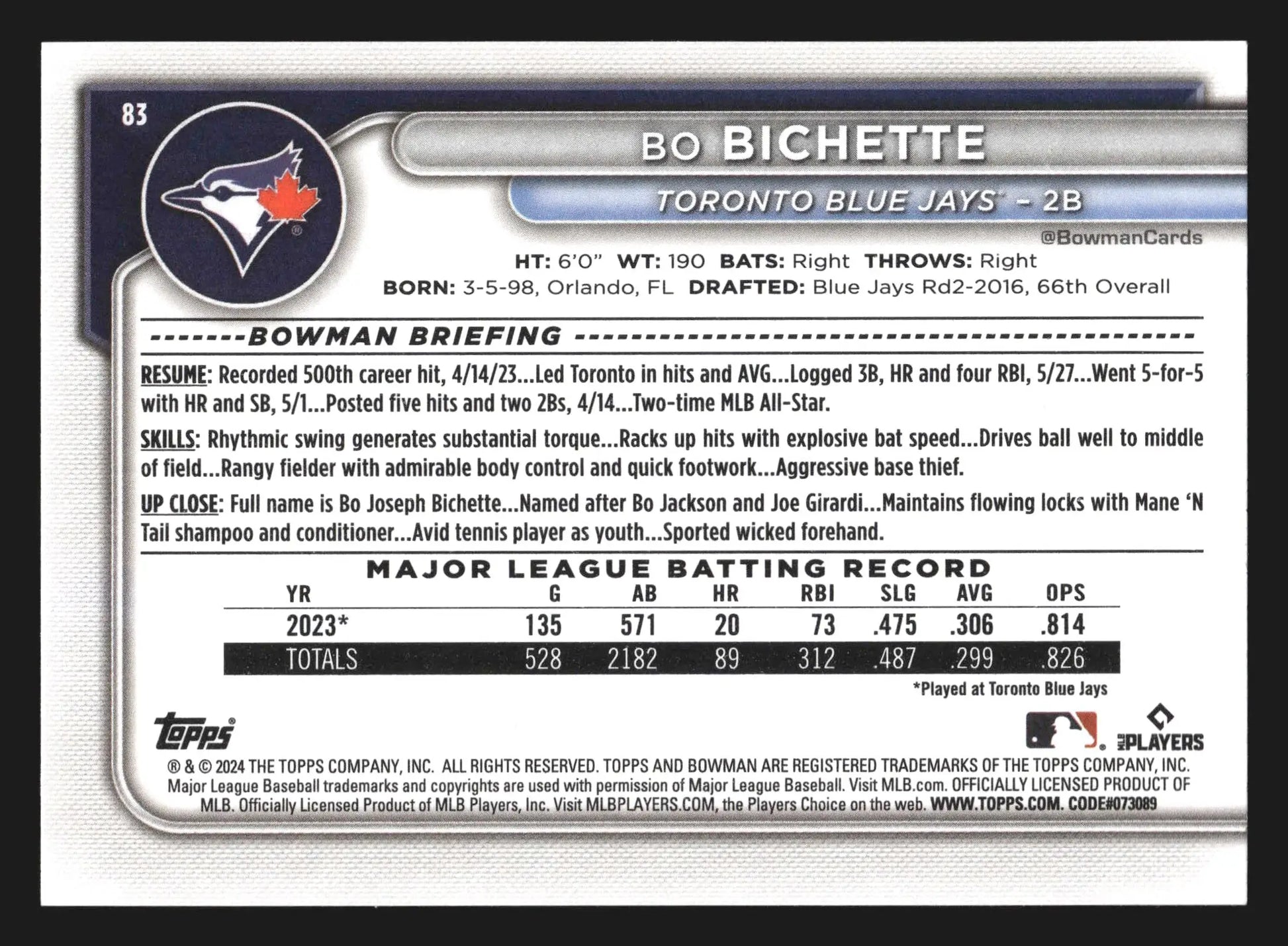 2024 Bowman #83 Bo Bichette Toronto Blue Jays - Baseball Card Single