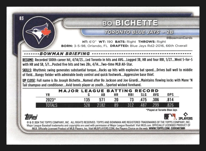 2024 Bowman #83 Bo Bichette Toronto Blue Jays - Baseball Card Single