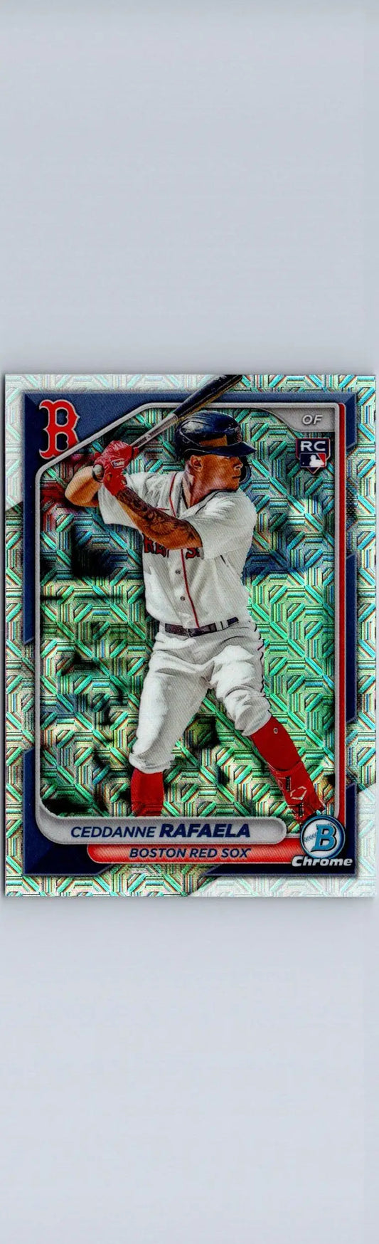 Baseball card featuring Ceddanne Rafaela Chrome Mojo Refractors from 2024 Bowman