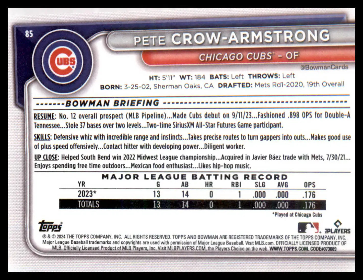 2024 Bowman #85 Pete Crow-Armstrong RC RC - Baseball Card Single