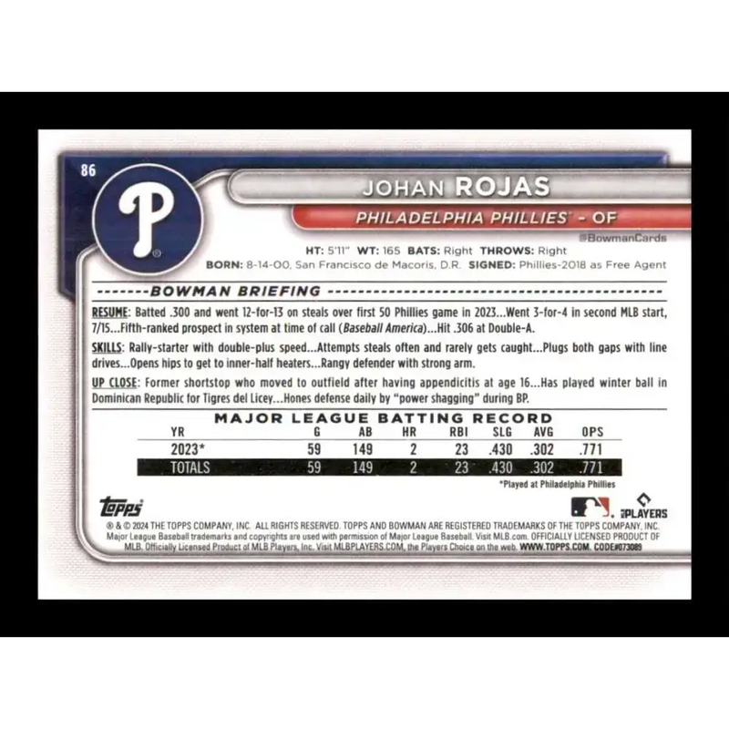 2024 Bowman #86 Johan Rojas NM-MT RC Rookie Philadelphia Phillies Baseball Card - Baseball Card Single