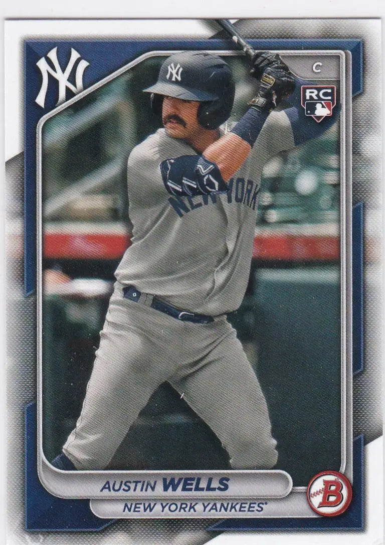 2024 Bowman Austin Wells Yankees rookie baseball card featuring Austin Wells of the New York Yankees