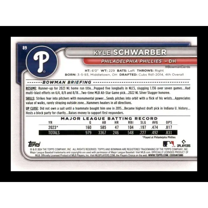 2024 Bowman #89 Kyle Schwarber NM-MT Philadelphia Phillies Baseball Card - Baseball Card Single
