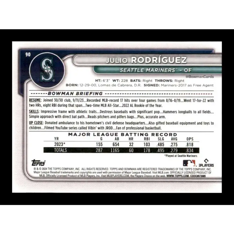 2024 Bowman #90 Julio Rodriguez NM-MT Seattle Mariners Baseball Card - Baseball Card Single