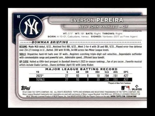 2024 Bowman #93 Everson Pereira NM-MT RC Rookie Yankees ID:70699 - Baseball Card Single