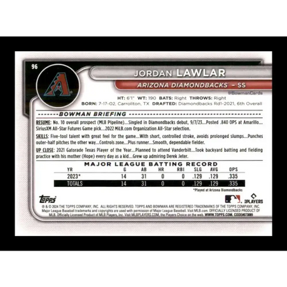 2024 Bowman #96 Jordan Lawlar NM-MT RC Rookie Arizona Diamondbacks Baseball Card - Baseball Card