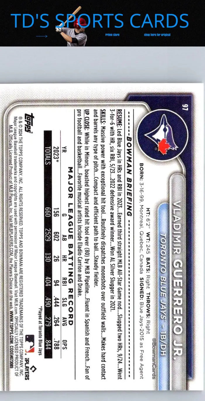 Vladimir Guerrero Jr baseball card from 2024 Bowman series display