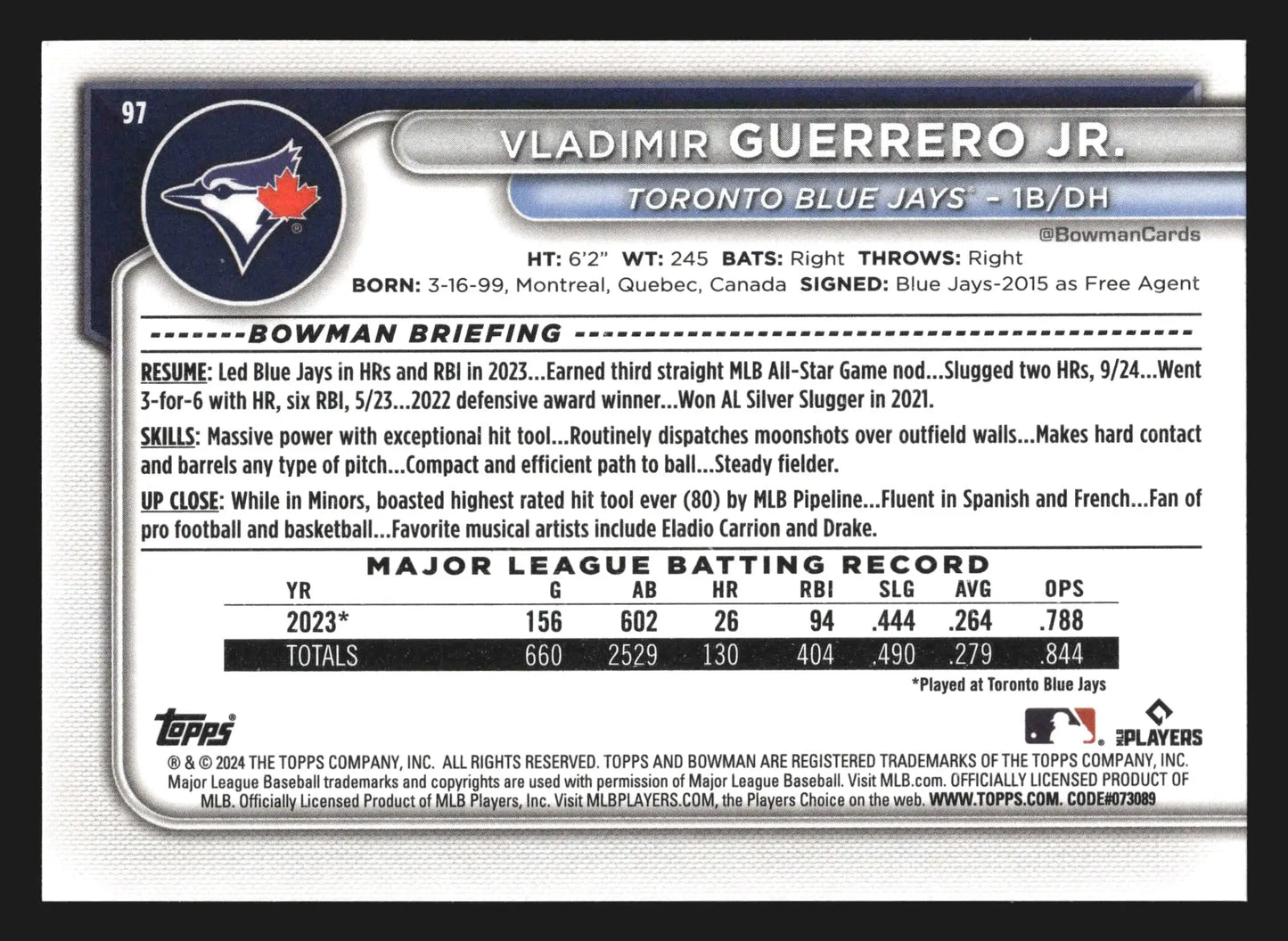 2024 Bowman #97 Vladimir Guerrero Jr Toronto Blue Jays