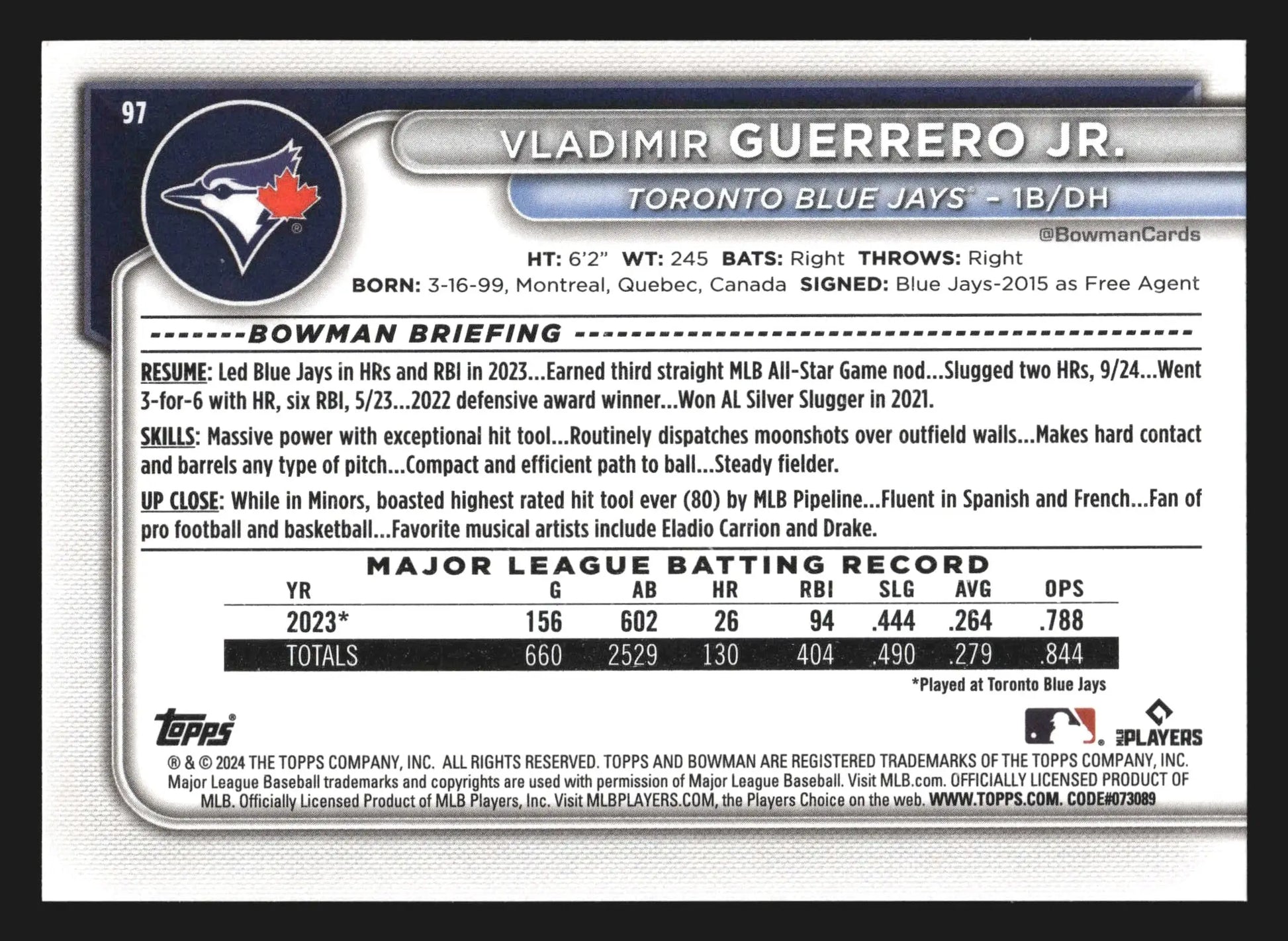2024 Bowman #97 Vladimir Guerrero Jr Toronto Blue Jays