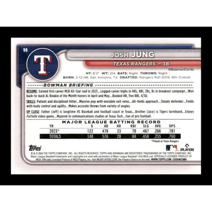 2024 Bowman #98 Josh Jung NM-MT Texas Rangers Baseball Card - Baseball Card
