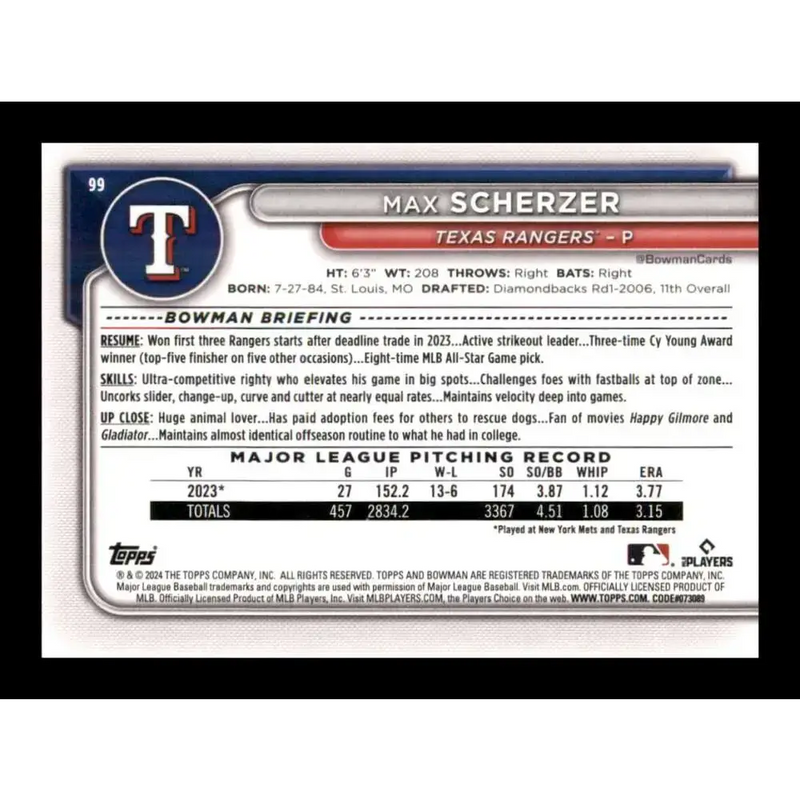 2024 Bowman #99 Max Scherzer NM-MT Texas Rangers Baseball Card - Baseball Card Single