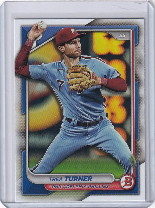 Baseball card of Trea Turner in light blue uniform for Philadelphia Phillies Bowman Baseball