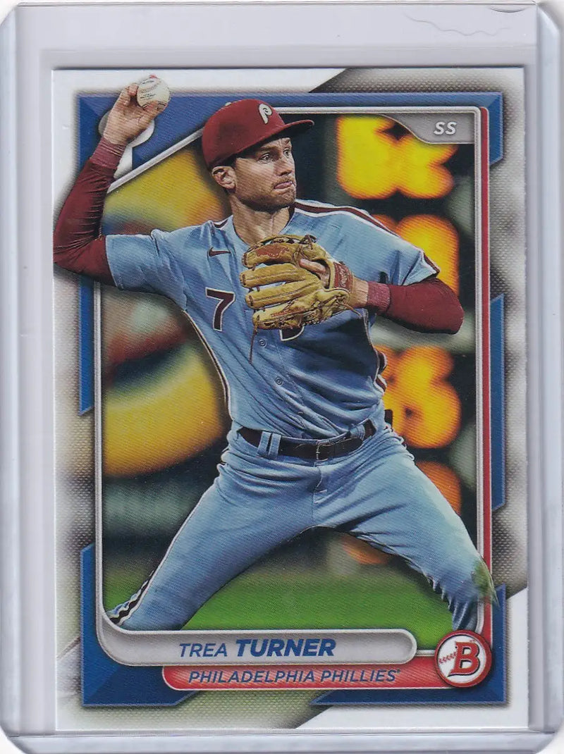Baseball card of Trea Turner in light blue uniform for Philadelphia Phillies Bowman Baseball