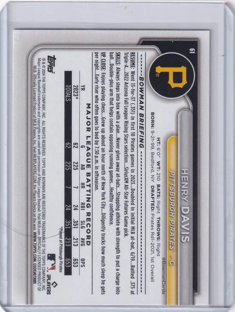 2024 Bowman Baseball #61 Henry Davis - Pittsburgh Pirates