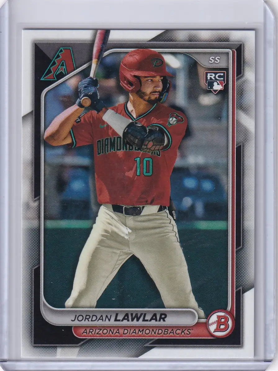 2024 Bowman Baseball card of Jordan Lawlar in red jersey for Arizona Diamondbacks