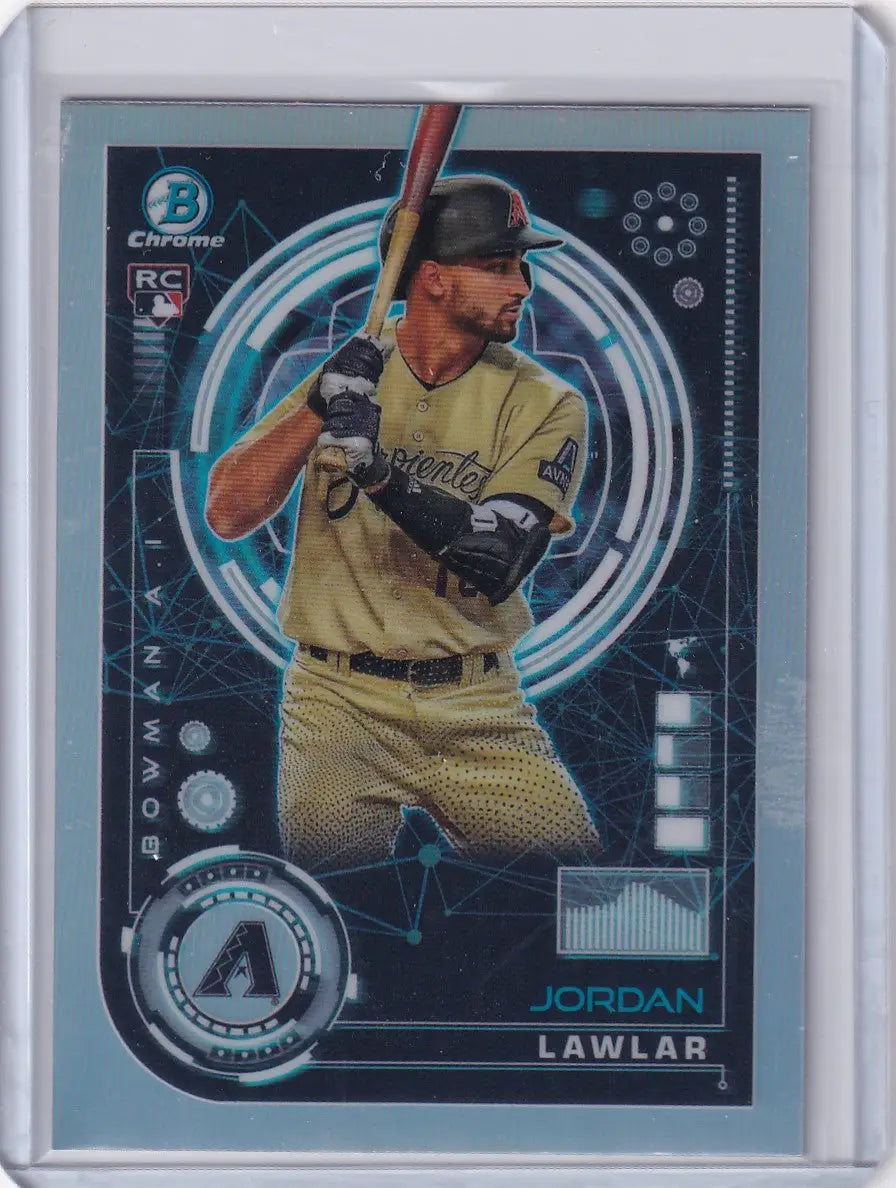 Baseball card of Jordan Lawlar in batting stance for Arizona Diamondbacks Bowman Baseball