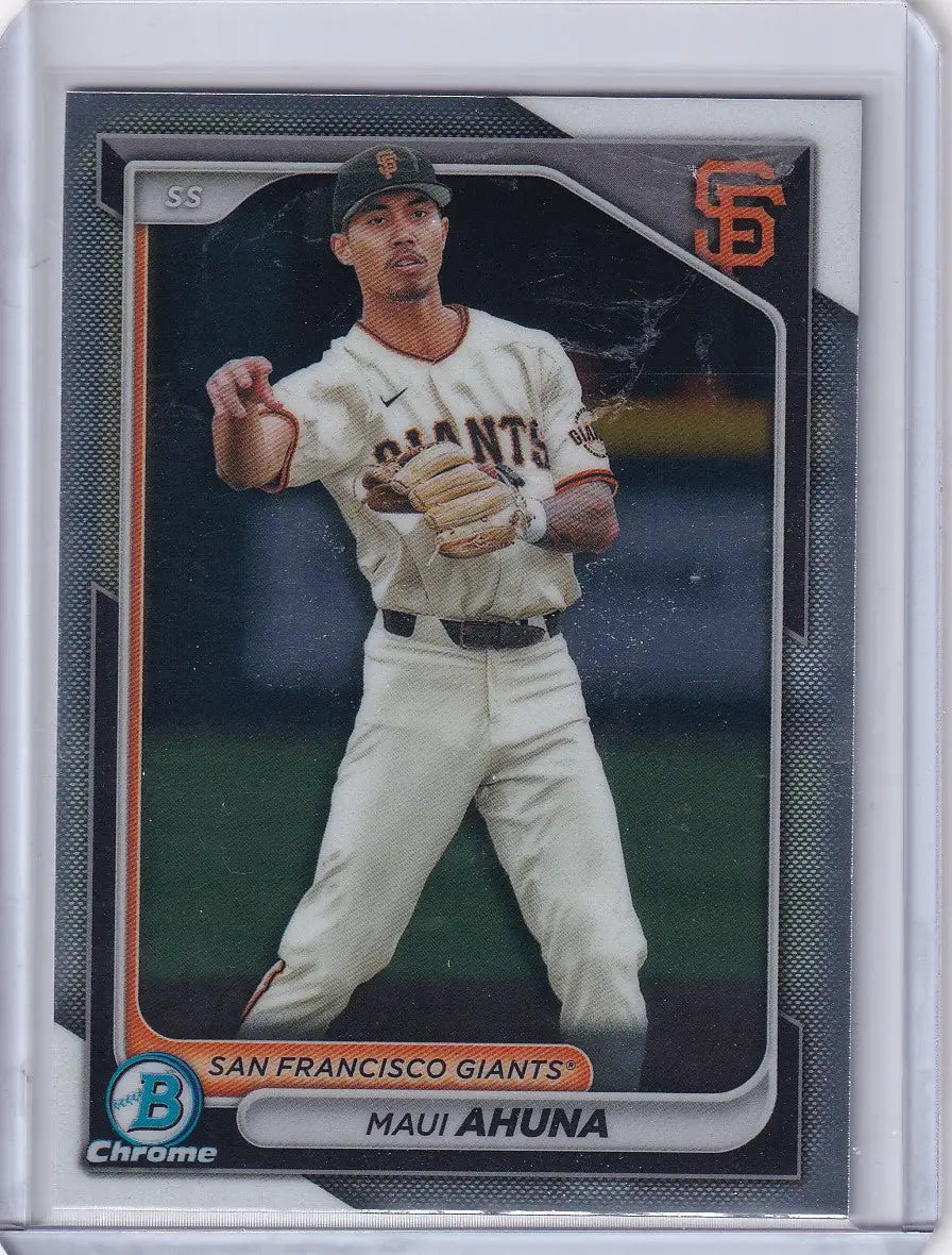 Baseball card of Maui Ahuna in throwing stance for San Francisco Giants Bowman Baseball